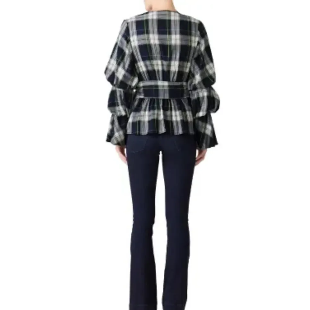 Petersyn Plaid Dexter Top Sz M navy green white puff sleeve